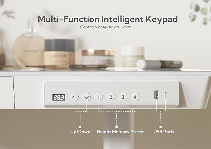 Claiks Glass Standing Desk with Drawers, 55 Inch Adjustable Stand Up Desk, Quick Install Home Office Computer Desk with USB Ports, White