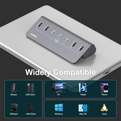FIDECO Powered USB Hub, 7 Port 10Gbps Fast Data Hub for iPhone 16/15 and Laptop, Full Aluminum USB Splitter with 5V 3A Power Adapter, 4 USB A and 3 USB C Ports, Support BC1.2 Charging, Grey