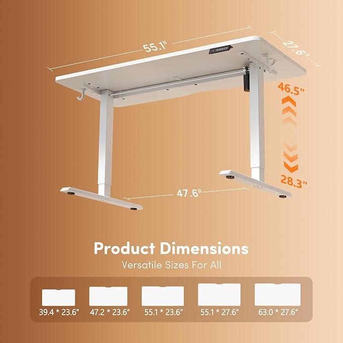 DESINO Standing Desk, 55 × 28 Inches Electric Height Adjustable, Sit and Stand Up, Computer Office Desk with Splice Board, White Frame/White TOP