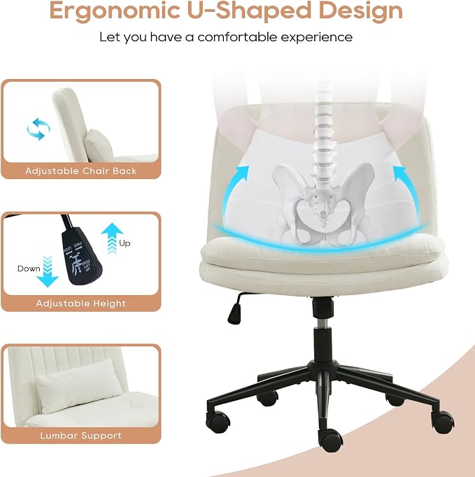IPKIG Criss Cross Chair, Small Armless Desk Office Computer Chair with Wheels and Lumbar Pillow, Comfy Adjustable Swivel Task Vanity Chair Chenille, White