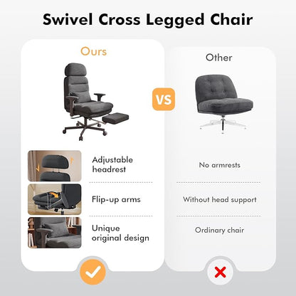 GXJ Criss Cross Legged Office Chair with Flip-up Arms, Footrest, G800 Plus | 6.3" Cushion Relieves Tailbone Pain, Head-Lumbar Support Eases Fatigue, Smooth Rolling Wheels, Corduroy Desk Seating, Black