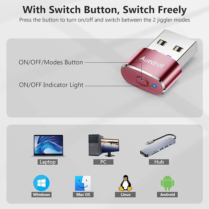 AUEDROT Mouse Jiggler Undetectable Jiggers USB Mover with Switch Button,Automatic Wiggler 2 Jiggle Modes,Mouse Device,Plug & Play,Keep Computer/Laptop Awake,Rose Gold,1 PCS