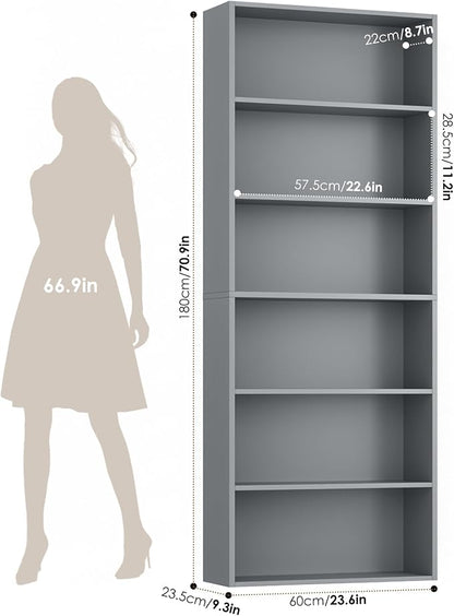 FOTOSOK 6-Tier Open Bookcase and Bookshelf, Freestanding Display Storage Shelves Tall Bookcase for Bedroom, Living Room and Office, Dark Gray