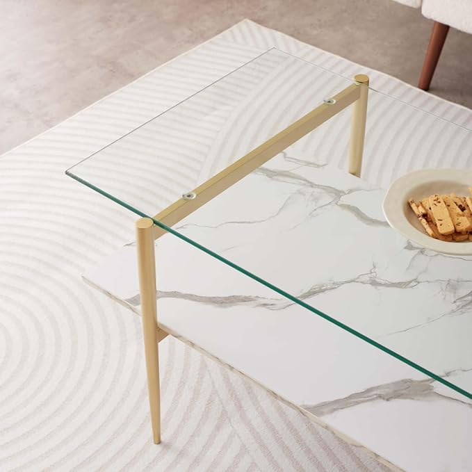 LumFurn Rectangle Coffee Table for Living Room, Mid-Century Modern Design, L41 x W21 x H17, 2-Tier Structure, Clear Glass Top and White Marble Finish Wood Shelf, Conical Legs with Gold Finish