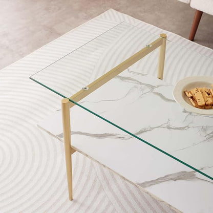 LumFurn Rectangle Coffee Table for Living Room, Mid-Century Modern Design, L41 x W21 x H17, 2-Tier Structure, Clear Glass Top and White Marble Finish Wood Shelf, Conical Legs with Gold Finish