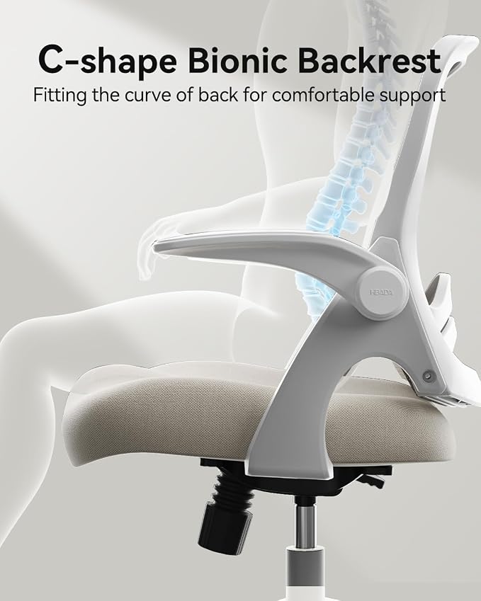 Hbada Office Desk Chair with Flip-Up Armrests and Saddle Cushion, Ergonomic Office Chair with S-Shaped Backrest, Swivel, Mesh, Grey
