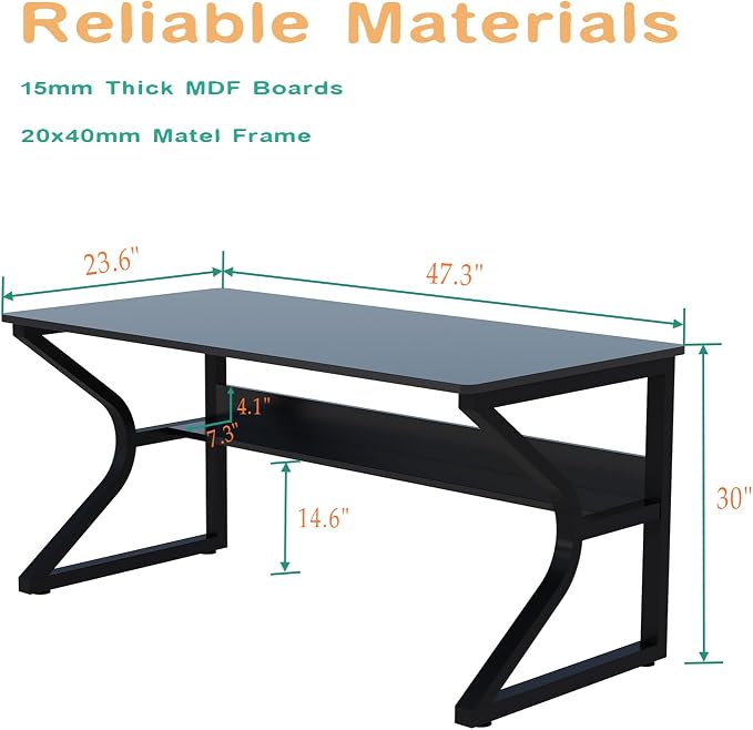 OSCHF Office Desk with Storage Shelf - 47.3" Long Writing Table for Single-Person Workstation, Modern Study Gaming Computer Desk, Black