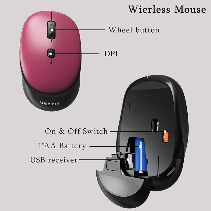 Colorful Wireless Computer Keyboards Mouse Combos, UBOTIE Polychrome Round Keycaps Retro PC Keyboards 2.4GHz Radio Frequency Connection with Optical Mouse(Black Claret)