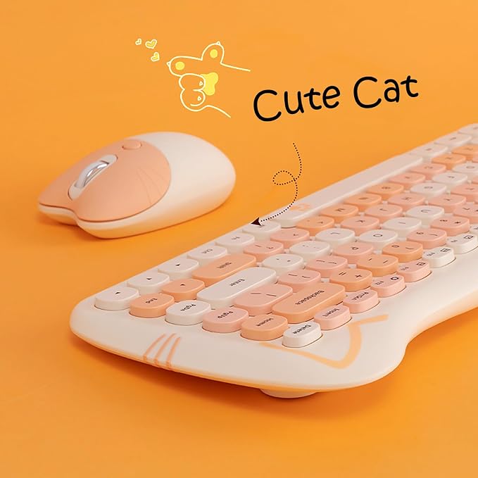 Cute Cat 2.4G USB Wireless Keyboard and Mouse Combo, Silent Keys, Candy Colors, Compatible with Notebook, PC (MilkTea-84Keys)