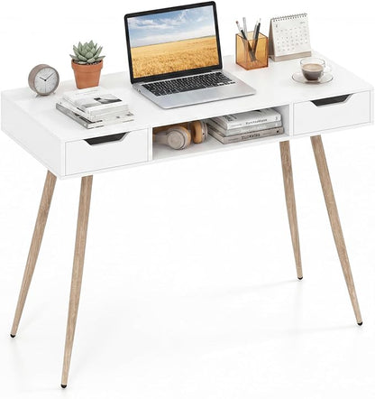 Giantex White Computer Desk with Drawers, 42.5" Minimalist Mid Century Modern Vanity Writing Desk with Open Storage Cubby & Metal Leg, Compact Wooden Study Table for Small Spaces Home Office (White)