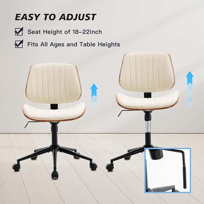 Armless Desk Chair with 360°Swivel Wheels, Ergonomic Adjustable Height Computer Chair for Home Office,PU Leather with Modern Walnut Drafting Chairs for Office, Reading Nook(Beige)