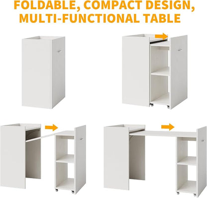 Space-Saving Folding Office Desk – 50" Computer Table with 3-Tier Storage Shelves, Reversible Design, Drawer, and Wheels – Multifunctional, Easy Assembly for Home, Bedroom, Study, Dorm, or