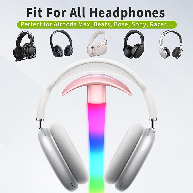 Headphone Stand with Charger,Gaming Headset stand with RGB Light Mode,For Airpod Max Stand,Desk Lamp,Phone Holder,Tablet Holder,desktop organizer,Gifts for Gamers & Music Lover (Pink)