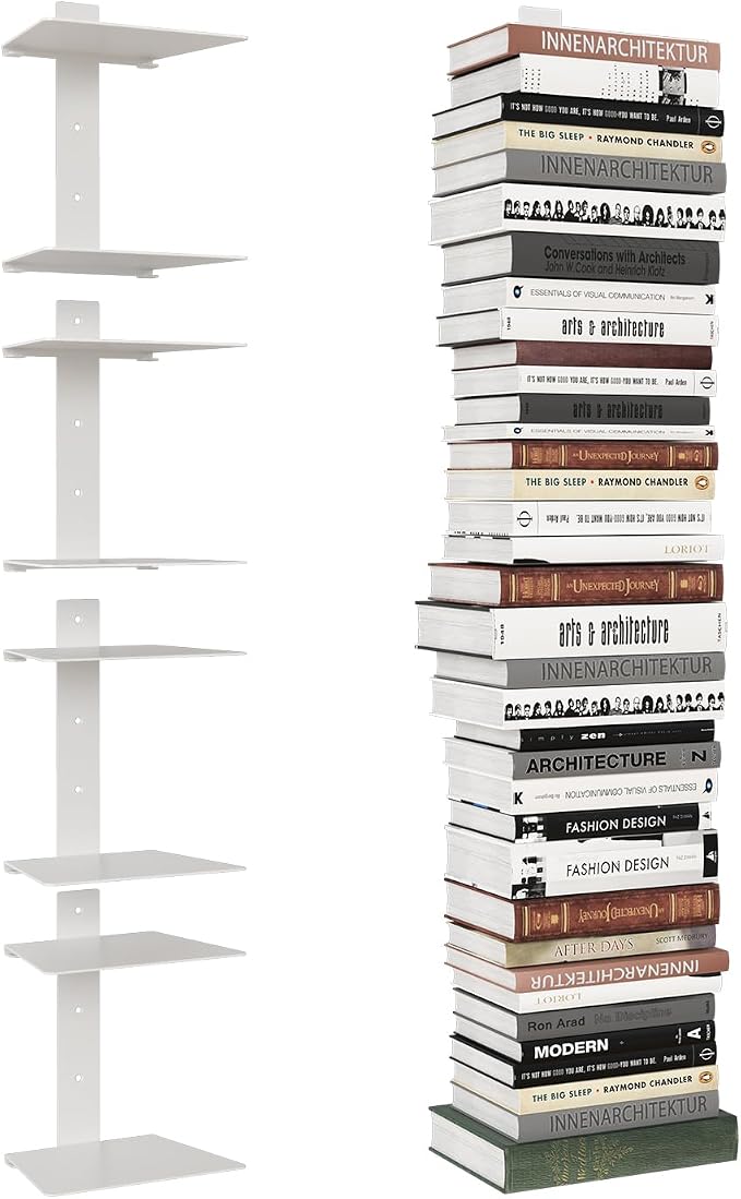 Wawocs Invisible Bookshelves for Wall, 8 Tier Floating Bookshelf Made of Heavy Duty Metal, Vertical Spine Book Tower Hanging Wall Bookshelf, Floating Book Shelves for Wall, 4 Pack White