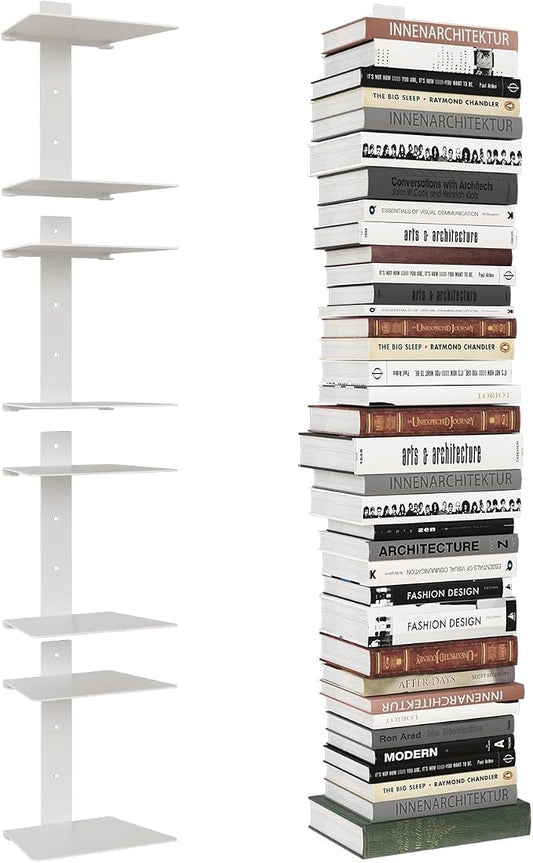 Wawocs Invisible Bookshelves for Wall, 8 Tier Floating Bookshelf Made of Heavy Duty Metal, Vertical Spine Book Tower Hanging Wall Bookshelf, Floating Book Shelves for Wall, 4 Pack White