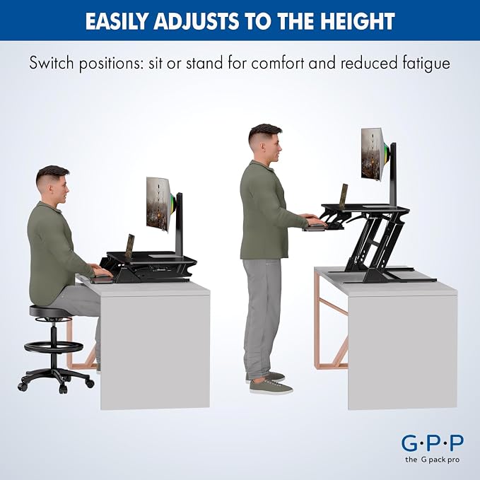 36″ Wide Standing Desk Converter – Sit-to-Stand Workstation for Dual Monitors, Height Adjustable Up to 17.3″ with Large Keyboard Tray – Black