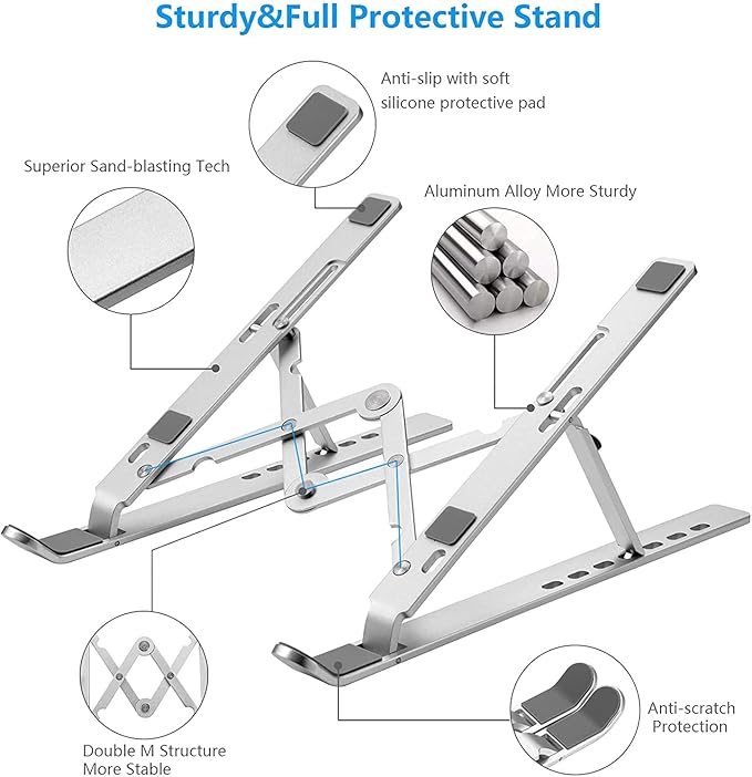Leeboom Laptop Stand for Desk, Adjustable Foldable Aluminum Riser, Silver | Supports most 10-15.6 inch laptops and tablets with adjustable height and angle for improved comfort