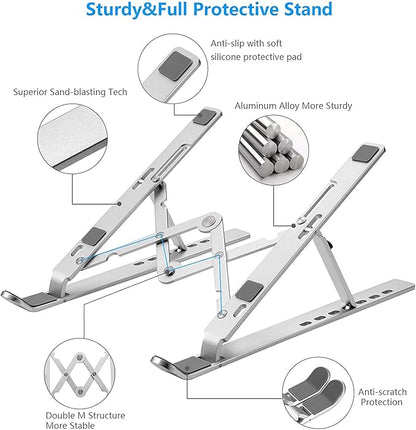 Leeboom Laptop Stand for Desk, Adjustable Foldable Aluminum Riser, Silver | Supports most 10-15.6 inch laptops and tablets with adjustable height and angle for improved comfort