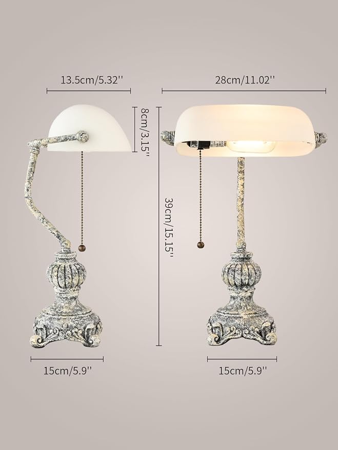 Retro White Matted Glass Bankers Desk Lamp,LED Bulb Included | for Home Office,Library with Pull Chain Switch Plug in Fixture