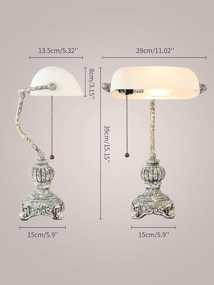 Retro White Matted Glass Bankers Desk Lamp,LED Bulb Included | for Home Office,Library with Pull Chain Switch Plug in Fixture