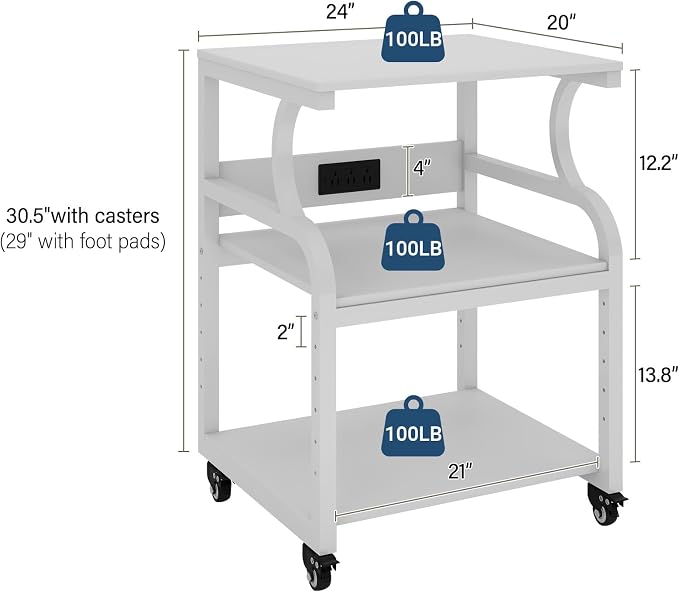 Natwind Large Printer Stand, 24''x20''x29'' Printer Table with Adjustable Storage Shelf, 3 Tier Rolling Cart with Wheels, Multifunctional Home Office Shelves for Heat Press, 3D Printer (White)