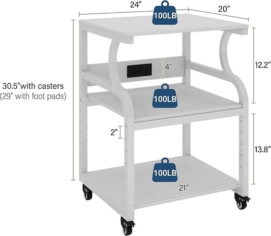 Natwind Large Printer Stand, 24''x20''x29'' Printer Table with Adjustable Storage Shelf, 3 Tier Rolling Cart with Wheels, Multifunctional Home Office Shelves for Heat Press, 3D Printer (White)
