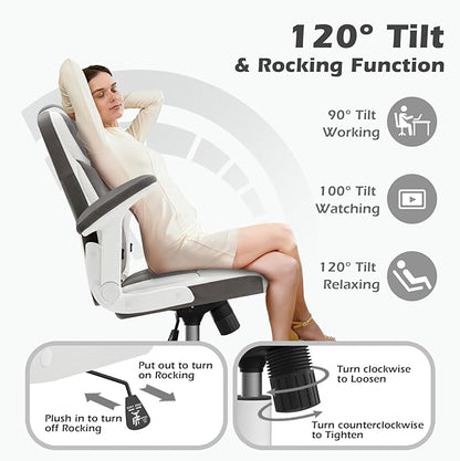 SEATZONE Office Chair Linen Fabric Ergonomic Executive Computer Desk Chairs Small Cute Rolling Task Chairs for Teens&Adults,Gray