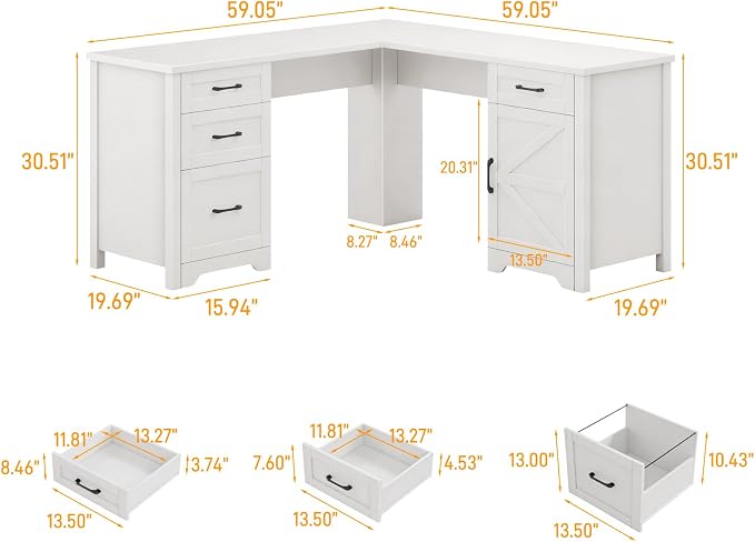 Vabches 59" L Shaped Executive Desk, Farmhouse Home Office Desk with File Drawer,Storage Cabinet, Wood Corner Sturdy Writing Workstation.Cream White