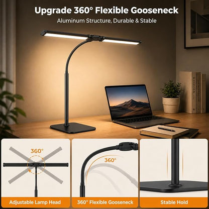 24" Double Head LED Desk Lamp, 15W Wide Architect Desk Light with Base for Home Office, 360° Flexible Gooseneck Task Lamp, 3 Color Modes, 10 Brightness Levels, Memory Function, Black