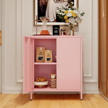 2 Door Metal Accent Storage Cabinet-Locker Cabinet for Office Room,Garage-Metal Storage Cabinet with 1 Adjustable Shelves (Pink)