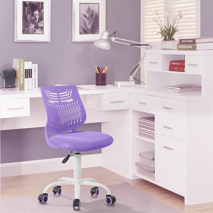 FurnitureR Study Desk Chair Armless, Small Home Office Study Task Chair Adjustable Swivel Low Back with Rolling Wheels for Kids Children Teens Women, Orchid Purple