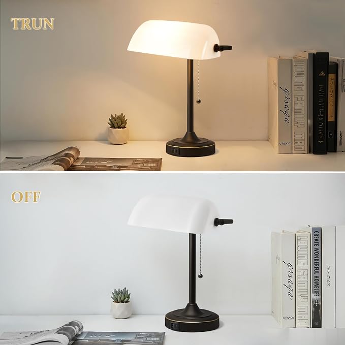 Vintage Desk Lamp Bankers Lamp - Plastic Lampshade Black Retro Table Lamp with USB & Type C Charging Ports Traditional Library Lamp for Home Office Nightstand Bedroom Side Table Lamp-Bulb Included
