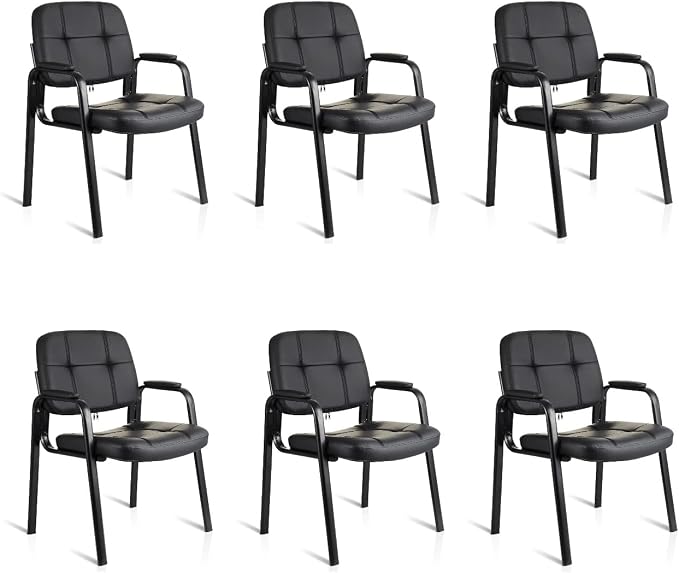 CLATINA Waiting Room Chairs with Padded Arms Leather Guest Chair no Wheels for Office Reception and Conference Desk with Sled Base Black, 6PK