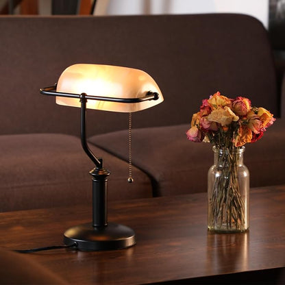 TORCHSTAR Pale Yellow Glass Bankers Desk Lamp with Pull Chain, E26 Base | Uniquely Textured Base, Antique Traditional Library Lamp for Office Study Room, Bulbs not Included