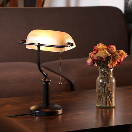 TORCHSTAR Pale Yellow Glass Bankers Desk Lamp with Pull Chain, E26 Base | Uniquely Textured Base, Antique Traditional Library Lamp for Office Study Room, Bulbs not Included
