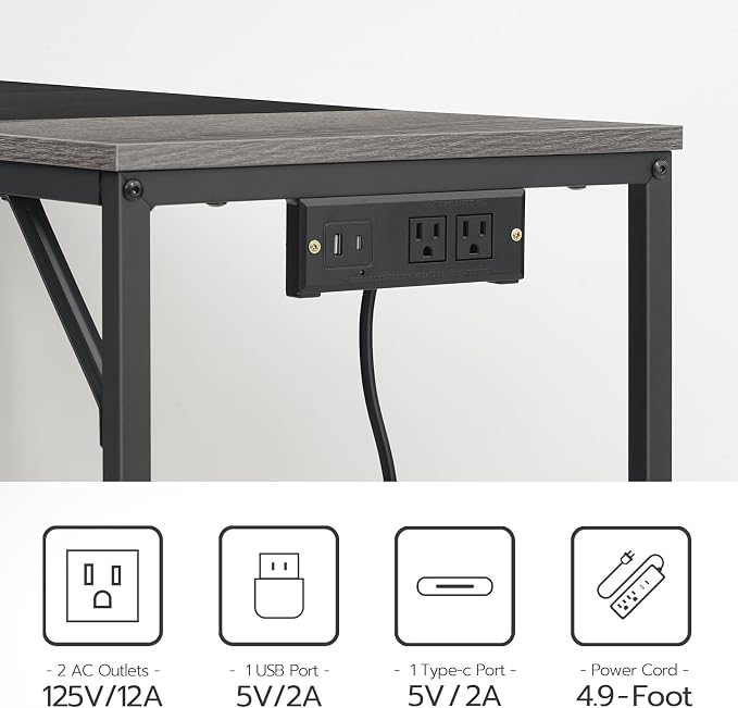 HOOBRO Computer Desk, Home Office Desk with Power Outlet, Modern Study Writing Desk with 3 Hooks for Study Room, Home Office, Sturdy and Stable, Easy to Assemble, Charcoal Gray and Black BC41UDN01