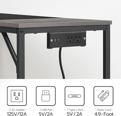 HOOBRO Computer Desk, Home Office Desk with Power Outlet, Modern Study Writing Desk with 3 Hooks for Study Room, Home Office, Sturdy and Stable, Easy to Assemble, Charcoal Gray and Black BC41UDN01