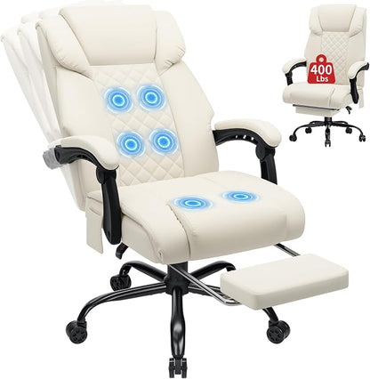 HOFFREE 400lbs Massage Office Chair with Foot Rest 6 Points Vibration Ergonomic Executive Office Chair Reclining High Back Computer Desk Chairs Beige