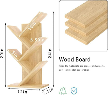 SHEEPAM 5 Tier Tree Book Shelf, Small Desktop Bookshelf with Storage Organizer, Wood Bookcase, Desk Display Bookshelves, Floor Standing Organizer Bookcases for Living Room,Bedroom,Office-Natural