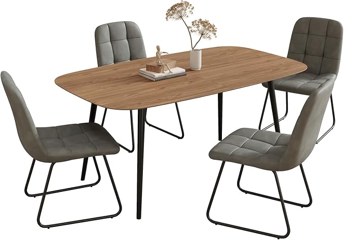 HIPIHOM 55.1'' Dining Table Set for 4,Modern Wood Dining Table,Leather Dining Chairs 4,Table and Chairs Set of 4,Ideal for Kitchen Dining Room (Walnut Color Table + 4 U-Shaped Gray Chairs, 55.1")