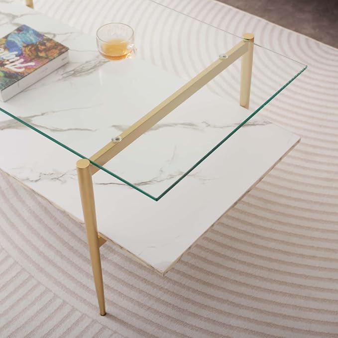 LumFurn Rectangle Coffee Table for Living Room, Mid-Century Modern Design, L41 x W21 x H17, 2-Tier Structure, Clear Glass Top and White Marble Finish Wood Shelf, Conical Legs with Gold Finish