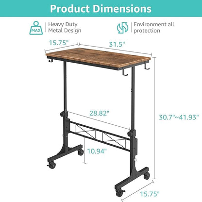 Small Portable Rolling Standing Desk - 32 Inch Adjustable Height Mobile Stand Up Desks with Wheels for Treadmill Walking Pad, Teacher Podium for Classroom, Couch Sofa Side Laptop Table, Rustic Brown