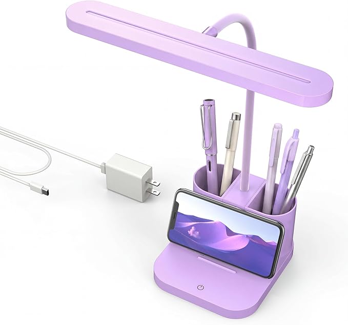 AXX Purple Desk Lamp for Home Office, Cute LED Table Light for Bedroom, College Dorm Room Kawaii Accessories for Kids Teen Girls