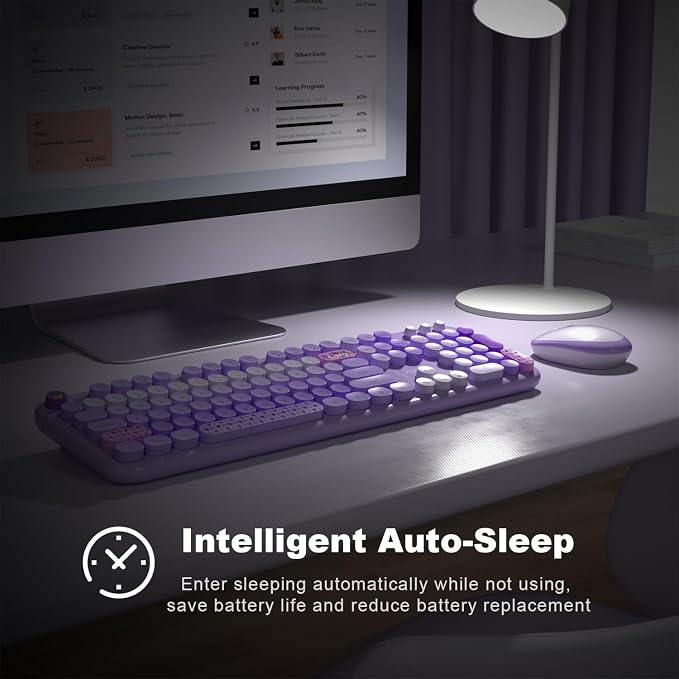 Dilter Wireless Keyboard and Mouse Combo, Full Size Retro Keyboard with Number Pad and 2 in 1 USB Connected Mouse for Windows 7/8/10, Laptop, Desktop, PC, Computer (Purple Colorful)