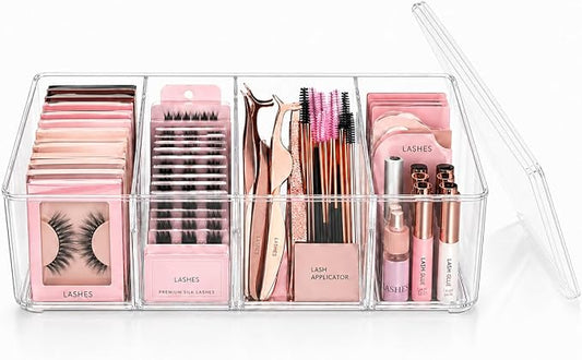 Lash Tray Organizer, 4-Compartment Acrylic Makeup Organizer, Eyelash Case for Lash Cart Use, Clear Eyelash Extension Supplies Storage Holder, Desktop Display for Salon Vanity Desk, Beauty Studio