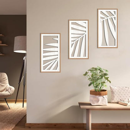 IARTTOP Tropical Palm Tree Leaf Wood Wall Art White Framed 8x16 Inch Set of 3 Hawaii Plant Leaves Wooden Wall Decor Minimalist Boho Artwork for Living room Bedroom Office