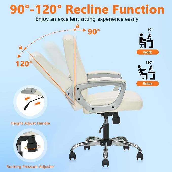 CLATINA Leather Office Executive Chair with Lumbar Support and Padded Armrestes, Swivel Rolling Ergonomic Mid Back Computer Task Desk Chair for Home, Conference, Waiting Room, White