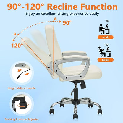 CLATINA Leather Office Executive Chair with Lumbar Support and Padded Armrestes, Swivel Rolling Ergonomic Mid Back Computer Task Desk Chair for Home, Conference, Waiting Room, White