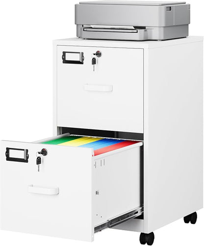 2-Drawer Rolling File Cabinet with Lock, Mobile Vertical File Cabinet for Hanging A4/Letter/Legal Size Folder, Under Desk Small Filing Cabinets for Home Office, Assembly Required,White