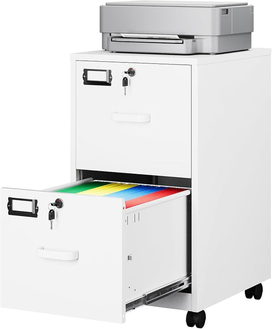 2-Drawer Rolling File Cabinet with Lock, Mobile Vertical File Cabinet for Hanging A4/Letter/Legal Size Folder, Under Desk Small Filing Cabinets for Home Office, Assembly Required,White
